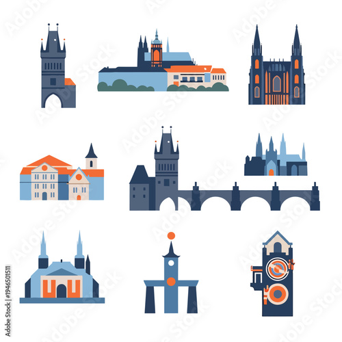 Prague Landmarks Set Flat Style