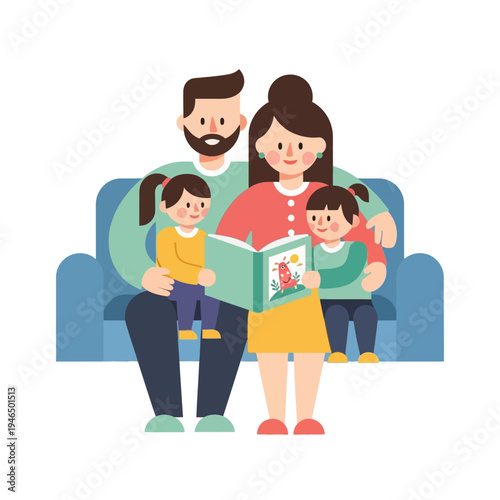 Family Reading Book Together on Sofa, Parents and Children Enjoying Story Time