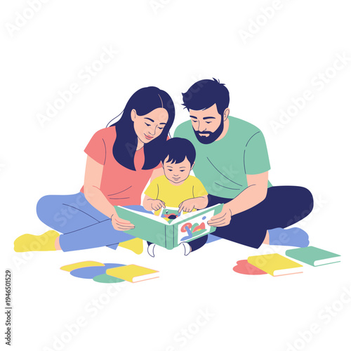 Family Reading Book Together: Parents and Child Enjoying Story Time