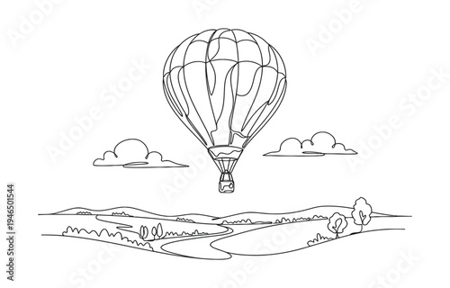 Hot air balloons over landscape one continuous line drawing.