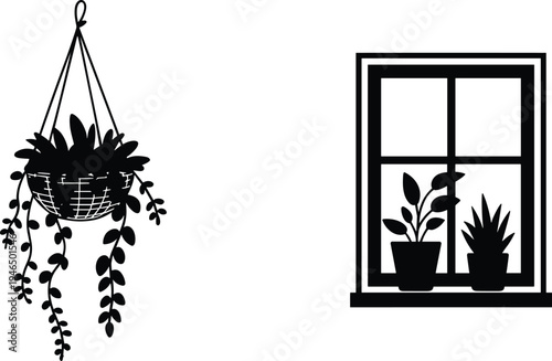 Hanging basket plant silhouette, window potted plants decoration, modern home interior decor, botanical wall art design, cad drawing flat vector illustration