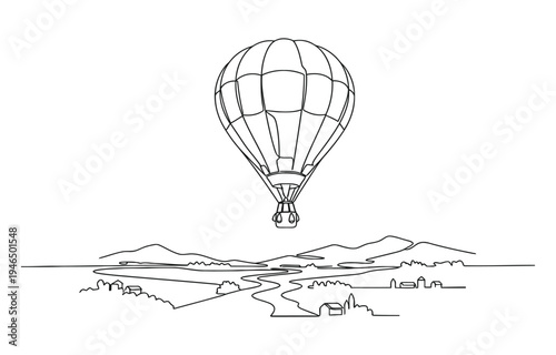 Hot air balloons over landscape one continuous line drawing.