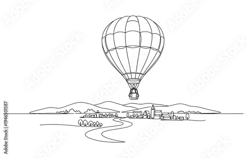 Hot air balloons over landscape one continuous line drawing.