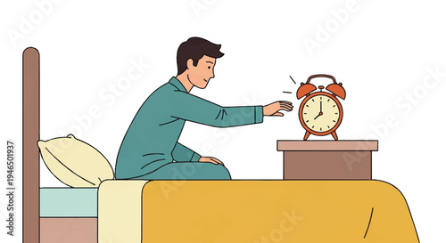 Man reaching for alarm clock on bedside table