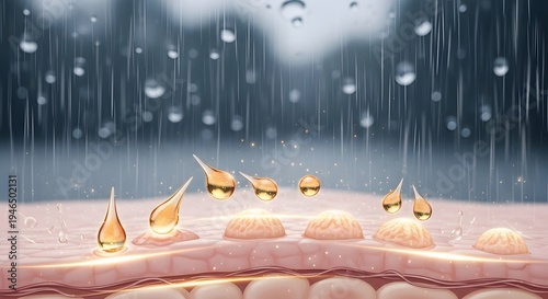 Microscopic view of skin layer protection against rain and humidity with golden oil droplets for seasonal monsoon skincare