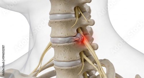 Anatomical visualization cervical radiculopathy pinched nerve root compression neck spine representing acute shooting pain neurological pathology within clinical medical science visual
