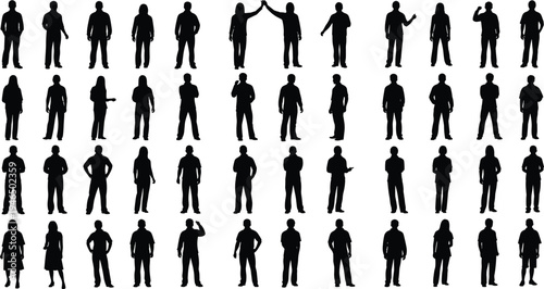 People silhouettes collection, men and women standing in different poses, business and casual characters group, human figures vector illustration isolated set