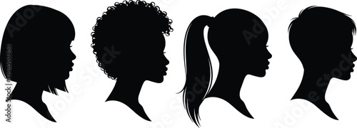 Set of four black silhouettes depicting various female profile heads with different hairstyles including bob cut, curly afro, long ponytail, and short pixie cut.