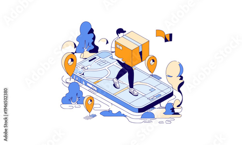 Isometric navigation map with location pins on smartphone screen