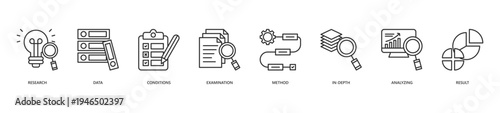 Case Study Icon Set. Icon set includes Research, Data, Conditions, Examination, Method, In-depth, Analyzing, Result.