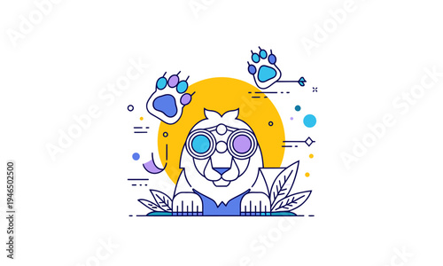 Minimalist Cartoon Animal Character with Goggles and Paw Print Illustration