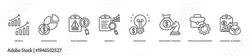 Investment Opportunities Icon Set. Icon set includes Growth, Diversification, Risk Assessment, Research, Innovation, Investment Strategy, Portfolio Management, Financial Planning.
