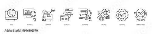 Seo Icon Set. Icon set includes Web, Analysis, Content, Backlink, Keyword, Traffic, Ranking, Optimization.
