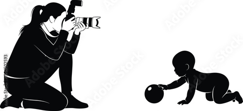 Black and white vector illustration of a professional female photographer kneeling to take a photo of a 