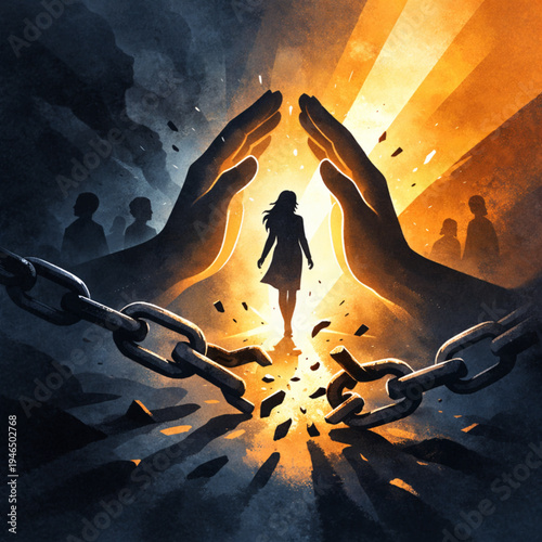 A dramatic conceptual illustration depicting a woman's silhouette standing amidst shattered chains, symbolizing liberation. Two giant, protective hands arch over her like a shelter, guiding her toward