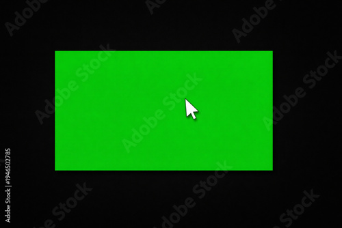 A minimalist graphic featuring a bright green rectangular screen (Chroma Key) centered on a solid black background. A white computer mouse cursor is positioned over the green area, symbolizing digital