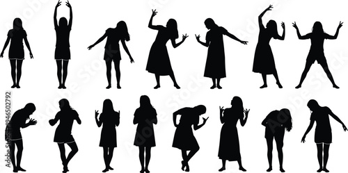 Woman dancing silhouettes set, female dancer performing expressive body movements and poses, modern dance performance collection, graceful female vector illustration