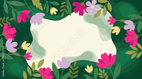 Vibrant floral frame with colorful flowers and lush green leaves