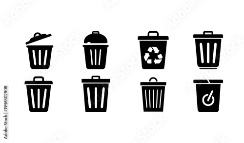 Minimal trash bin icon set with delete symbol and waste container vector icons