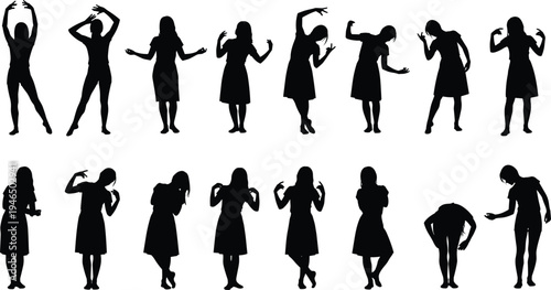Woman dancing silhouettes collection, female dancer performing expressive poses and gestures, modern dance movement set, graceful performance vector illustration isolated
