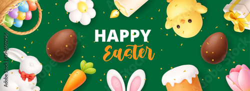 Happy Easter green banner with bunny, chocolate eggs and spring elements. Festive 3D holiday background