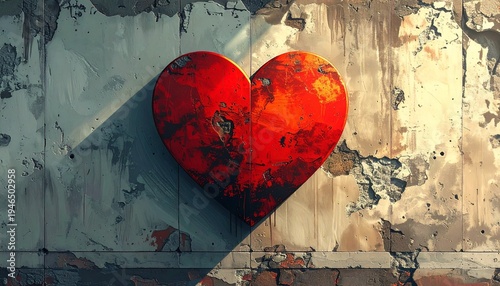 Red Heart on Distressed Concrete Wall.
