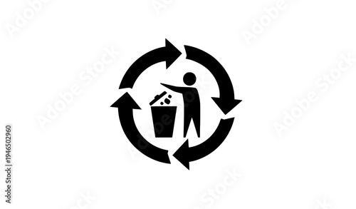 Circular recycle sign with man throwing trash into bin vector icon
