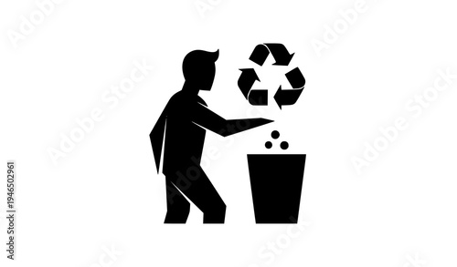 Recycle symbol with man throwing trash into dust bin environmental vector icon