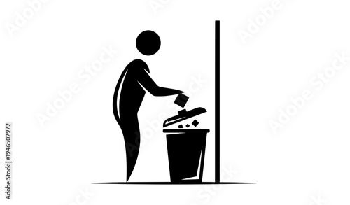 Minimal man throwing trash into dust bin recycle awareness vector icon