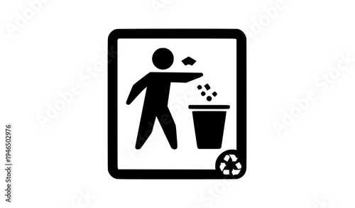 Framed recycle icon man throwing trash into bin minimalist vector symbol
