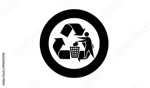 Circular recycle packaging sign with tidy man waste disposal icon