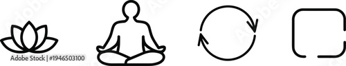 Meditation and refresh line icons with lotus yoga pose reload cycle and focus frame symbols isolated on white vector illustration