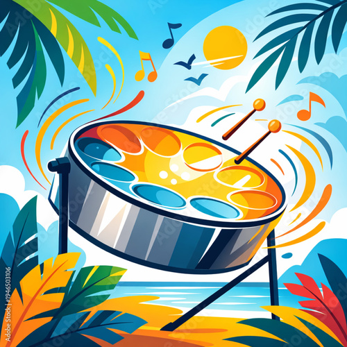 A dynamic and vibrant vector illustration of a Caribbean steel pan drum being played on a sun-drenched tropical beach. Colorful musical notes and motion swirls dance around the instrument, framed 