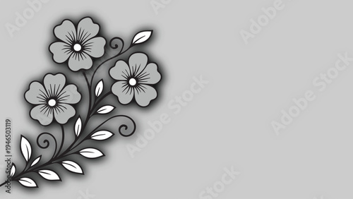 Grayscale floral decorative illustration with elegant blossoms and swirling leaves, perfect for design