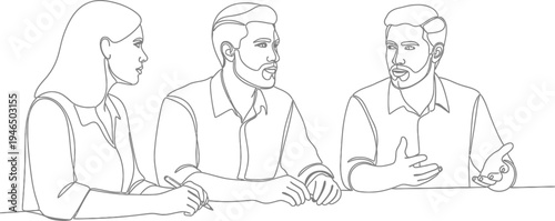 Continuous line drawing of three diverse business people discussing ideas in a meeting