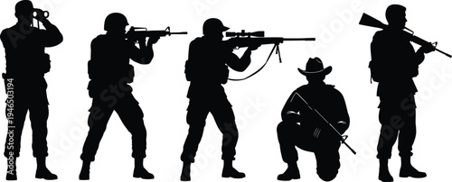 Military soldiers silhouettes set with rifles binoculars sniper kneeling soldier tactical army team combat poses isolated vector illustration collection