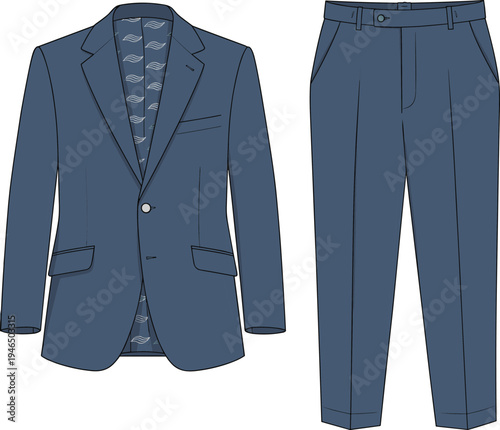Men’s formal suit CAD drawing, flat vector illustration of blazer and trousers, fashion design sketch, tailored apparel garment