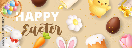 Happy Easter beige banner with bunny, chick, flowers and festive elements. Spring 3D holiday background