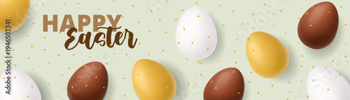 Happy Easter green banner with golden, white and chocolate eggs. Festive 3D holiday background with confetti