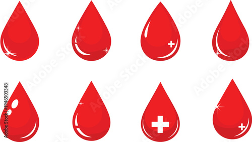 Set of shiny red blood drop icons with medical cross highlights glossy liquid droplets healthcare donation concept isolated vector collection design illustration