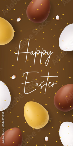 Happy Easter brown vertical banner with decorative eggs. Festive 3D holiday background with golden confetti