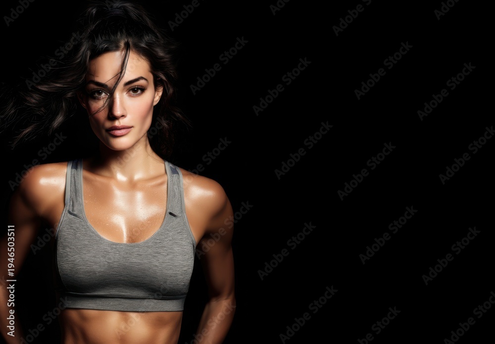 Fototapeta premium Sweaty fitness model poses intensely. Dark background highlights strength and dedication.