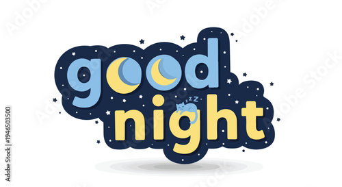 A comforting and whimsical "Good Night" illustration with moons and a peaceful sleeping cat.