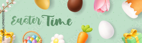 Easter Time banner with bunny, basket, gifts and spring elements. Festive 3D holiday background