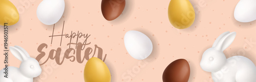 Happy Easter banner with bunny, chick and decorative eggs. Soft 3D spring holiday background