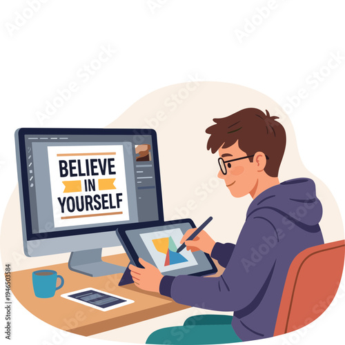 A man sits at a desk working on a computer and graphics tablet in a home office environment.