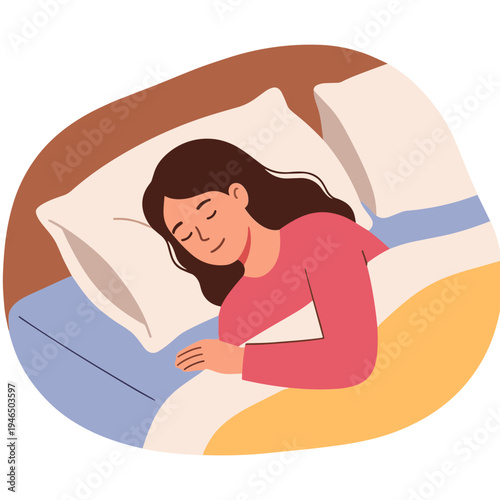 A woman sleeps peacefully on a bed with pillows and blankets.