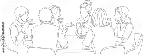 Continuous line drawing of diverse friends enjoying coffee and conversation at a table