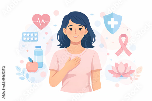 A beautiful flat illustration focusing on women's health and wellness. A smiling woman is surrounded by various health symbols, including a pink ribbon for breast cancer awareness, a heart rate icon, 