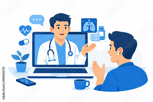 A modern flat illustration of a telemedicine concept. A patient is having an online consultation with a doctor via a laptop screen. The scene features medical icons like lungs X-ray, heart rate,